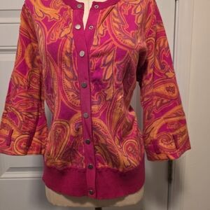 Vibrant Pink & Orange Paisley Snap-Front Cardigan